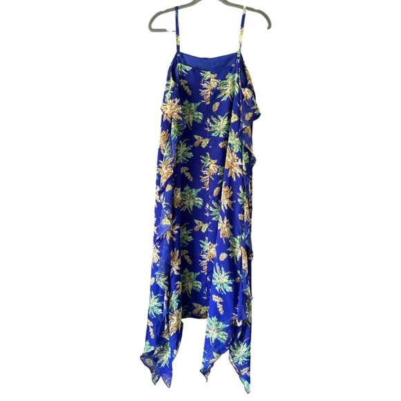 WD.NY Womens L Blue Floral Ruffle Asymmetrical Hem Sleeveless Dress Tropical - Picture 4 of 7